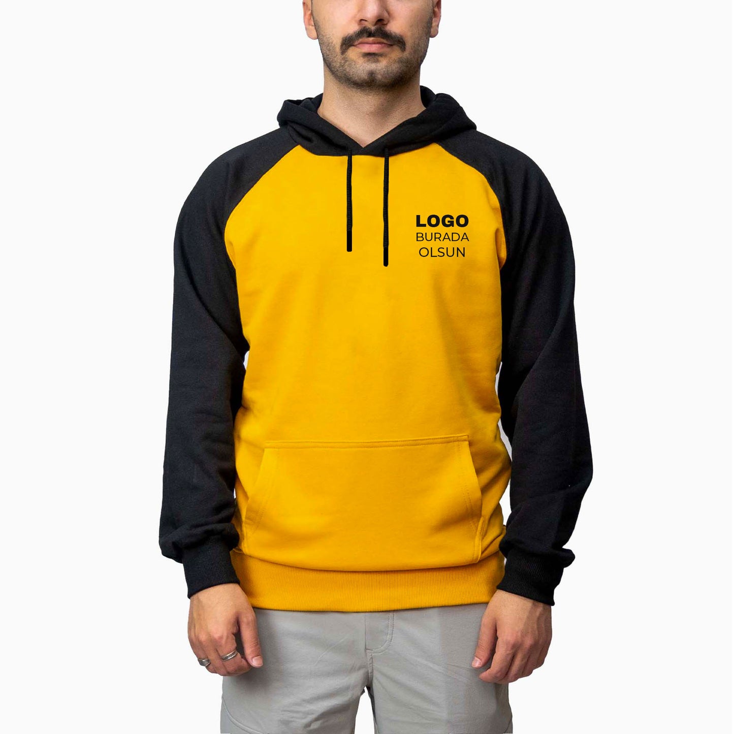 Baskılı Reglan Gövde Kapşonlu Sweatshirt Sarı Toptan