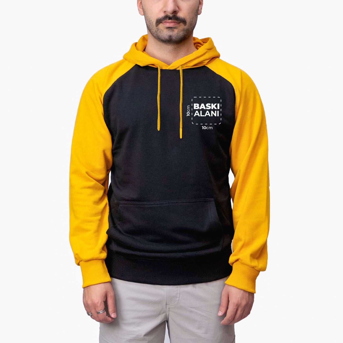 Baskılı Reglan Kol Kapşonlu Sweatshirt Sarı Toptan