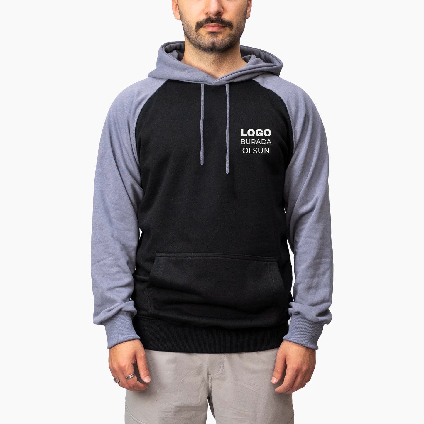 Baskılı Reglan Kol Kapşonlu Sweatshirt Gri Toptan