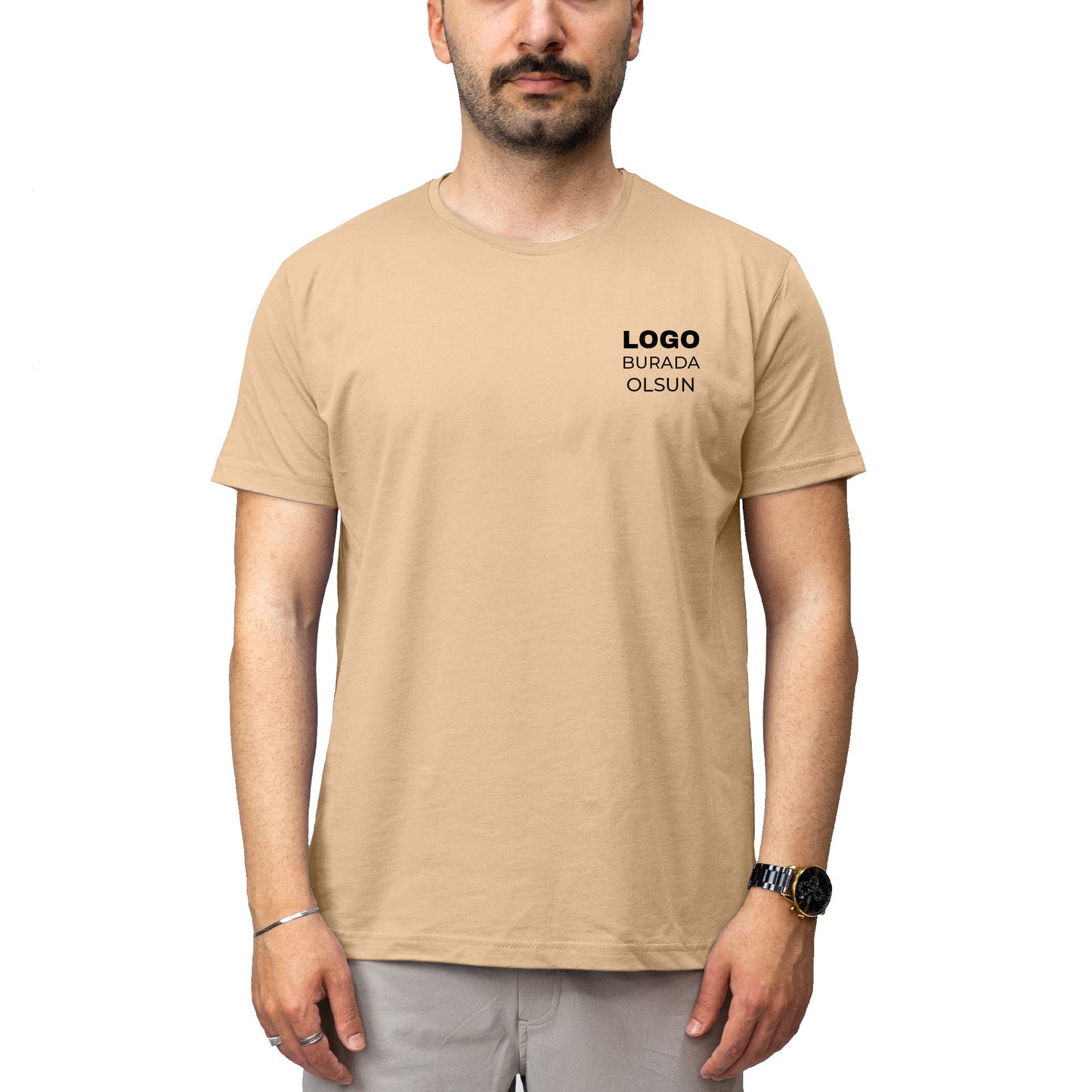 Logo Baskılı Krem Tişört Toptan