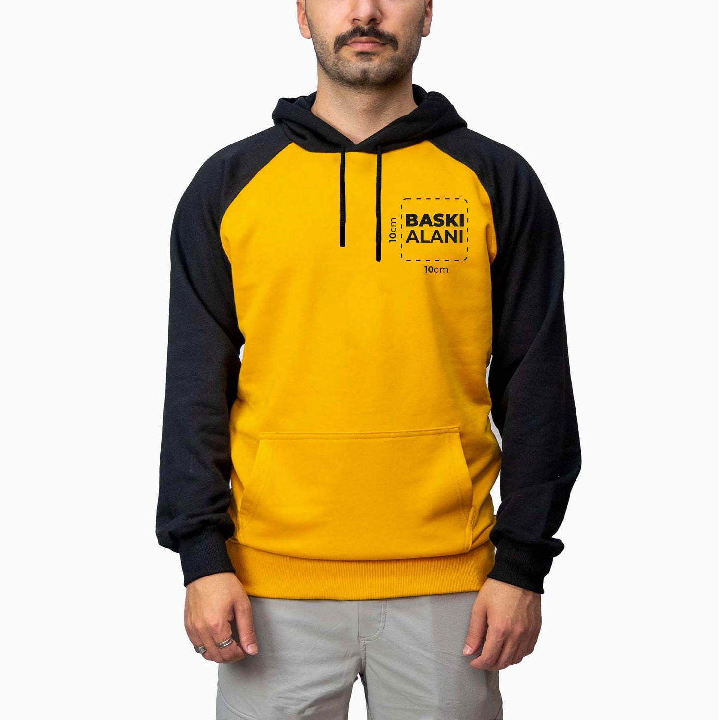 Baskılı Reglan Gövde Kapşonlu Sweatshirt Sarı Toptan
