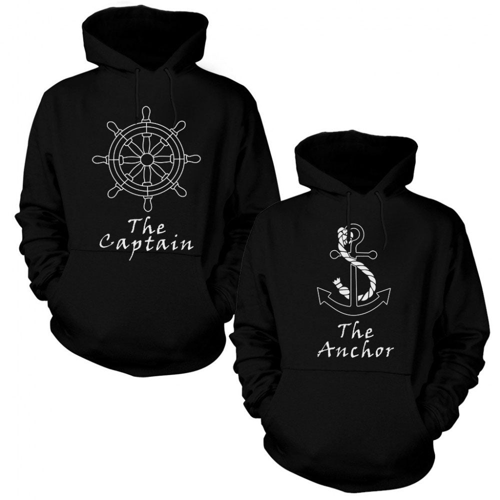 Captain and AnCHor Sevgili Çift Siyah Kapşonlu Sweatshirt Hoodie