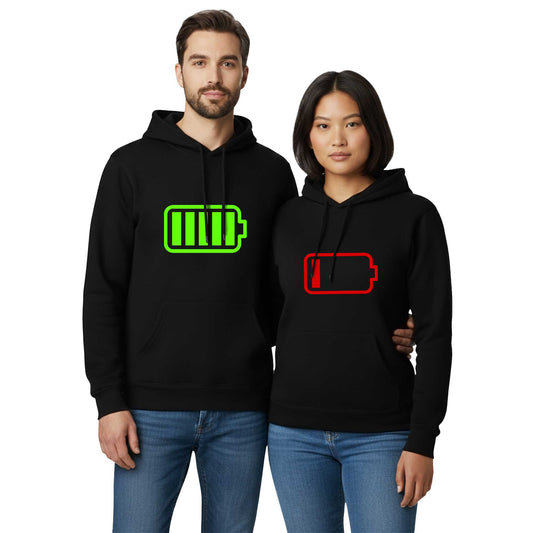 Battery Sevgili Çift Siyah Kapşonlu Sweatshirt Hoodie