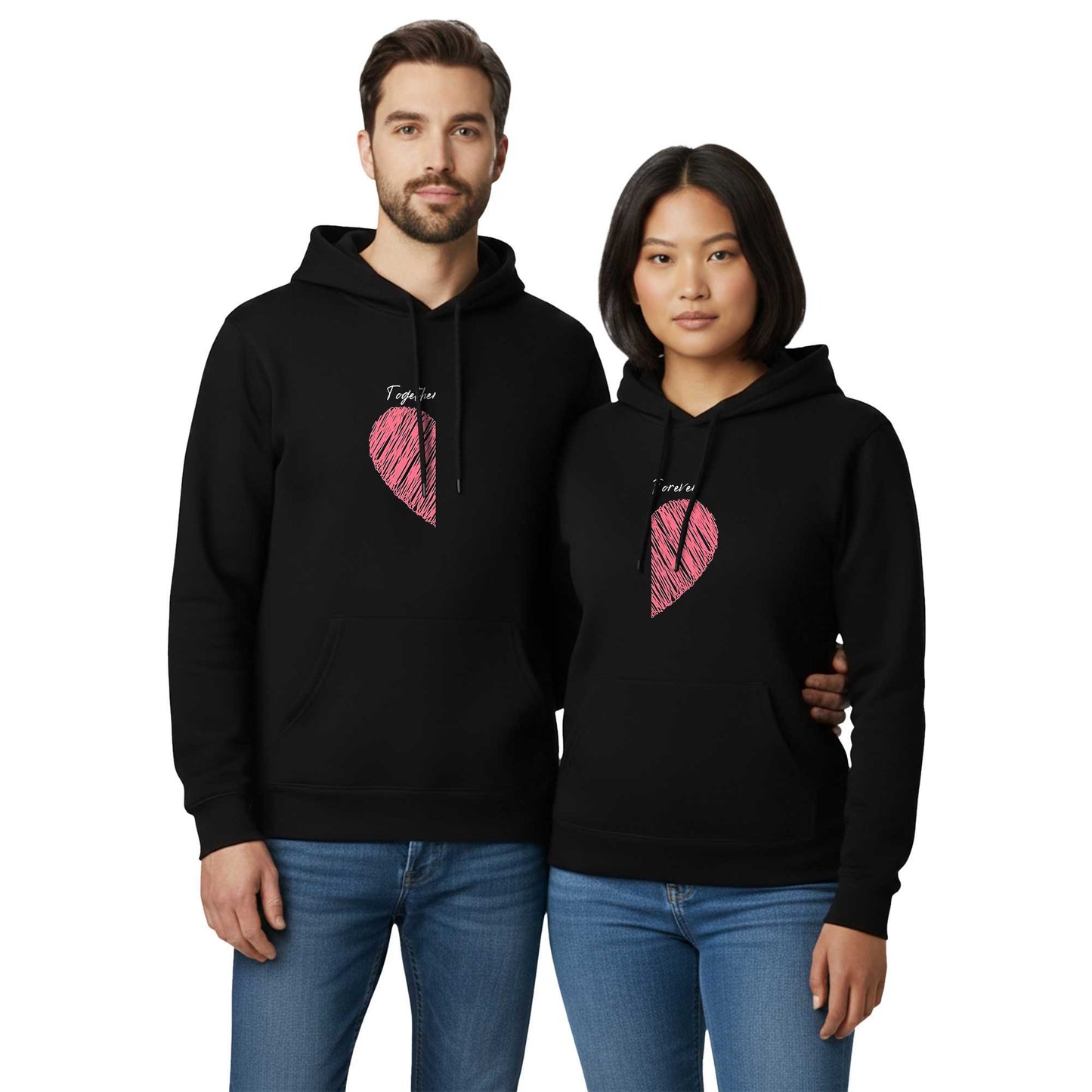 Kalp Togother and Forever Sevgili Çift Siyah Kapşonlu Sweatshirt Hoodie