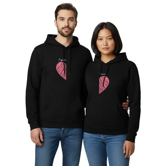 Kalp Togother and Forever Sevgili Çift Siyah Kapşonlu Sweatshirt Hoodie