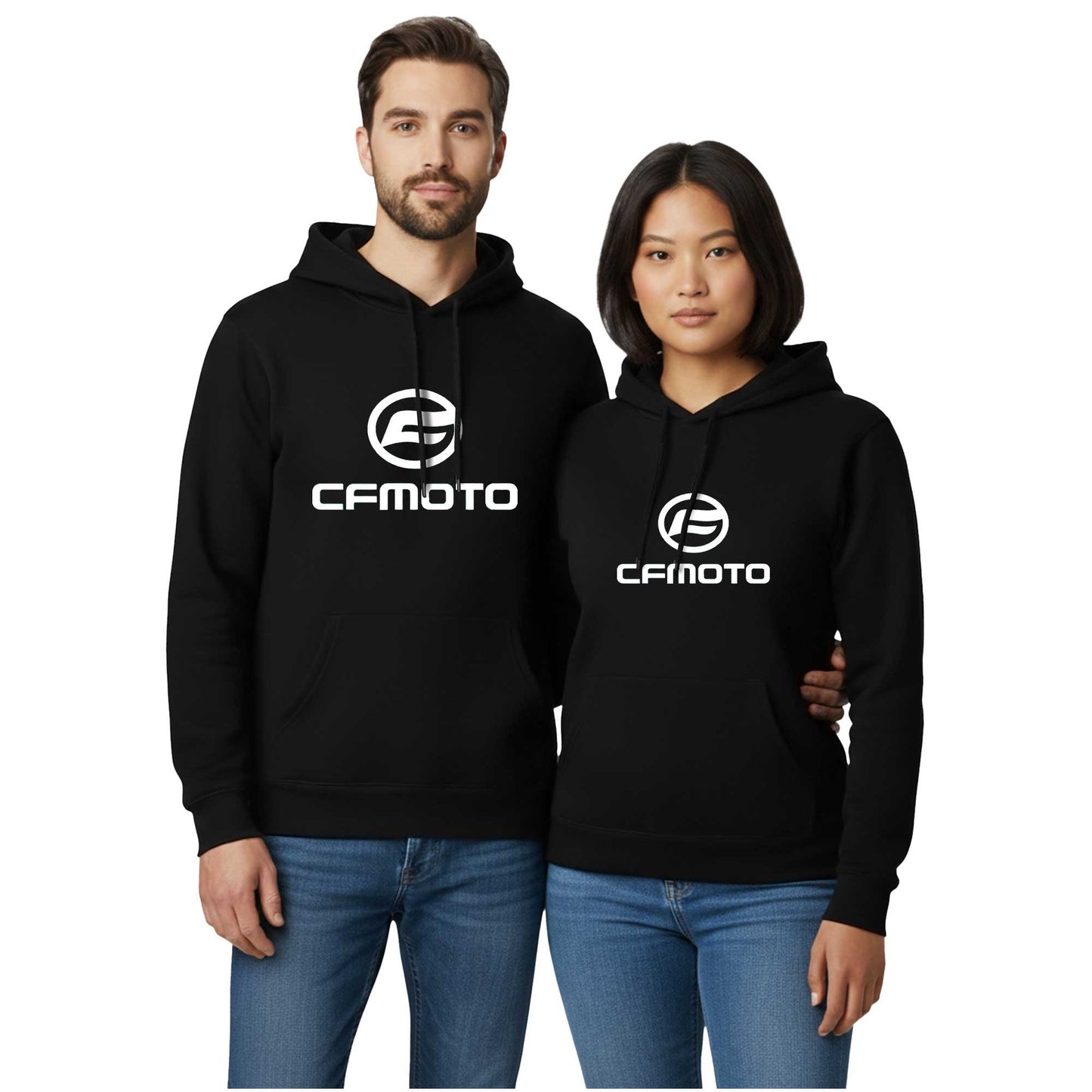 CFMoto Logo White Sevgili Çift Siyah Kapşonlu Sweatshirt Hoodie