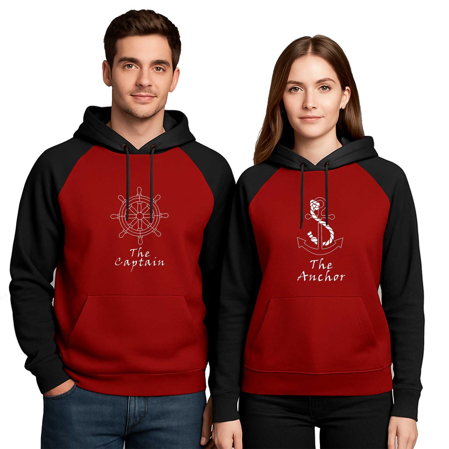 Captain and Anchor Sevgili Çift Renkli Kapşonlu Sweatshirt Hoodie