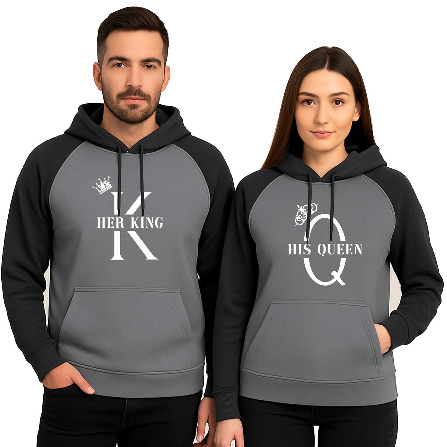 Her King His Queen Sevgili Çift Renkli Kapşonlu Sweatshirt Hoodie