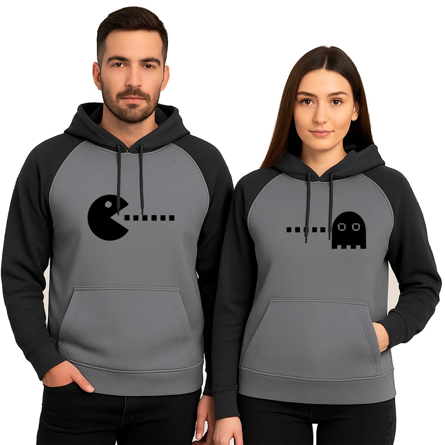 Pac Man Sevgili Çift Renkli Kapşonlu Sweatshirt Hoodie