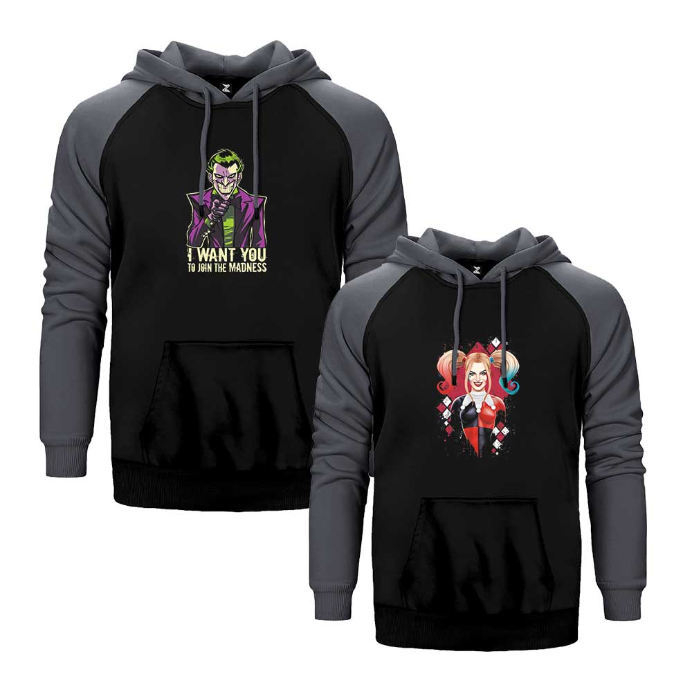 Joker Harley Quinn 1 Sevgili Çift Reglan Kol Renkli Kapşonlu Sweatshirt Hoodie