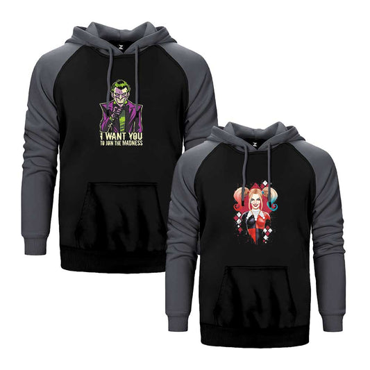 Joker Harley Quinn 1 Sevgili Çift Reglan Kol Renkli Kapşonlu Sweatshirt Hoodie