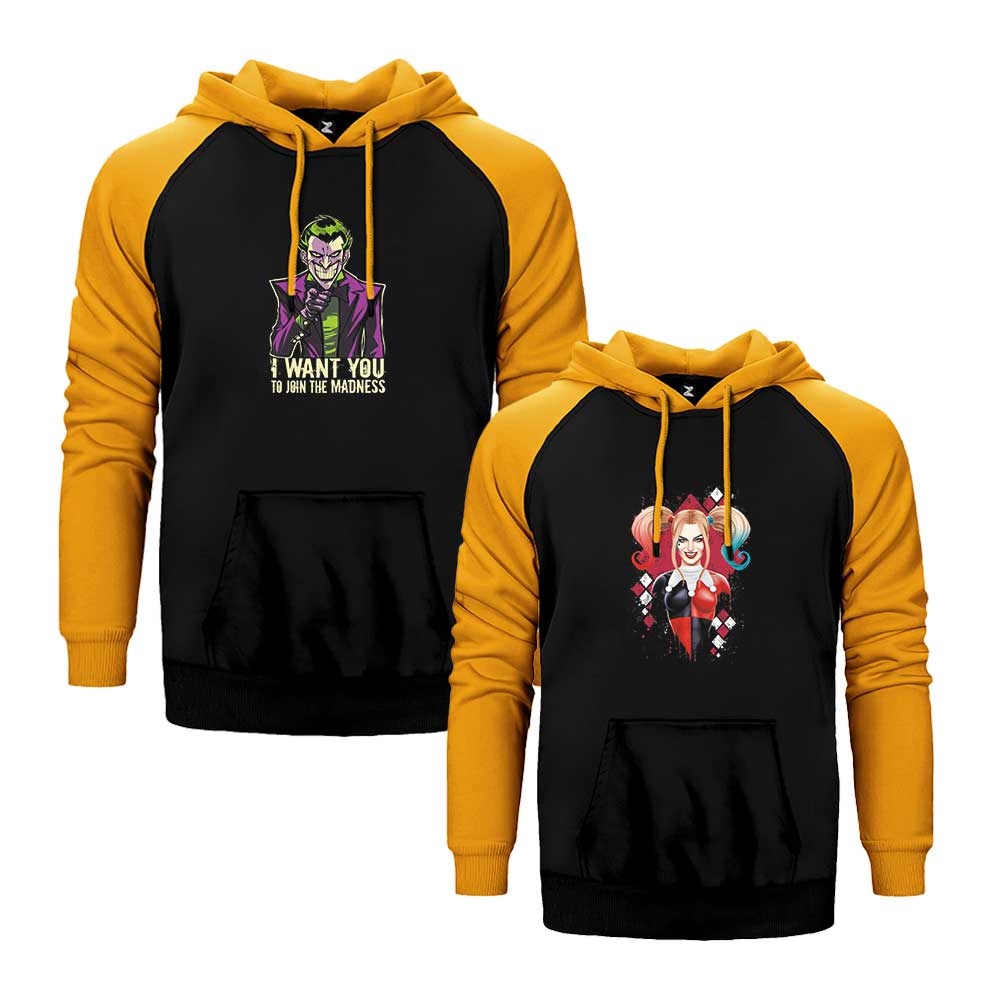 Joker Harley Quinn 1 Sevgili Çift Reglan Kol Renkli Kapşonlu Sweatshirt Hoodie