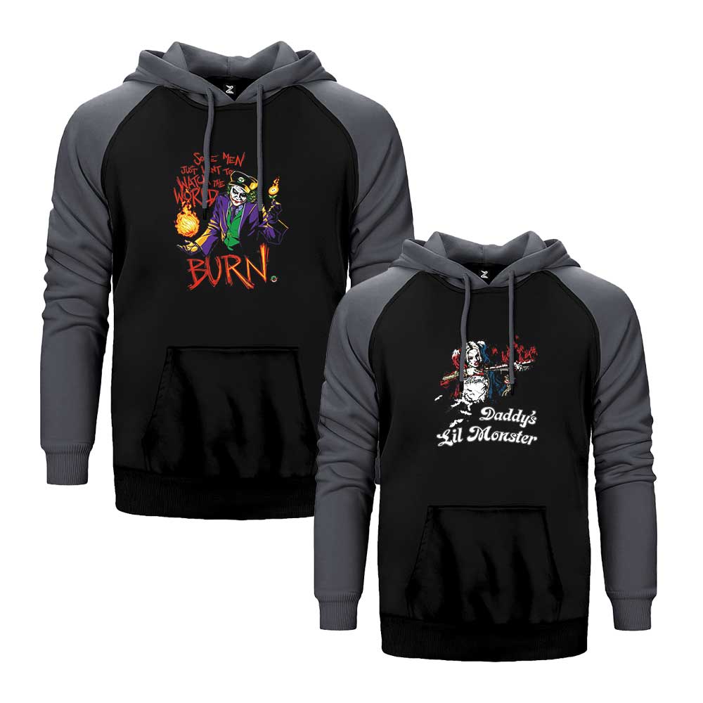 Joker Harley Quinn 2 Sevgili Çift Reglan Kol Renkli Kapşonlu Sweatshirt Hoodie
