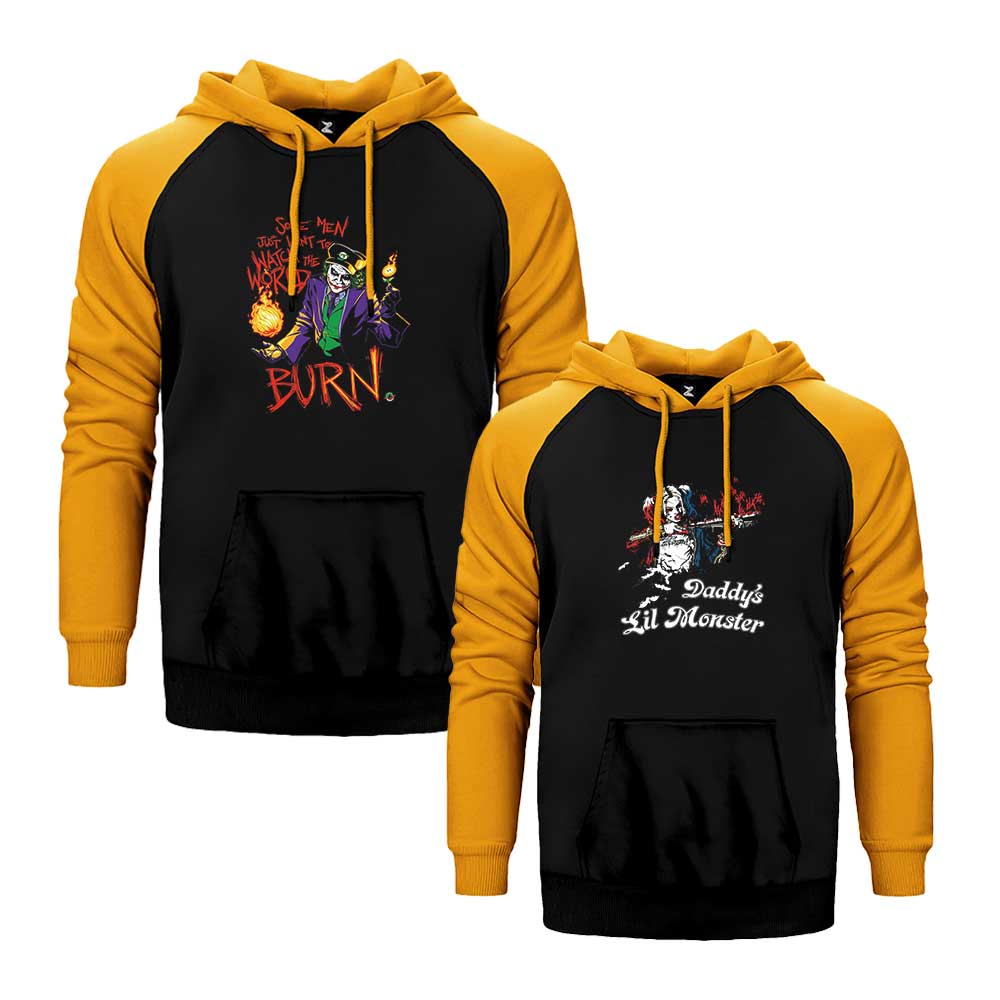 Joker Harley Quinn 2 Sevgili Çift Reglan Kol Renkli Kapşonlu Sweatshirt Hoodie