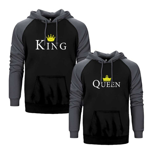 King Queen 3 Sevgili Çift Reglan Kol Renkli Kapşonlu Sweatshirt Hoodie