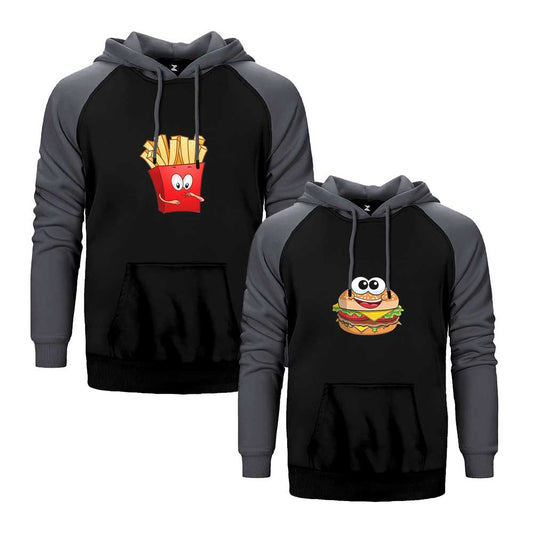 Hamburger Patates Sevgili Çift Reglan Kol Renkli Kapşonlu Sweatshirt Hoodie