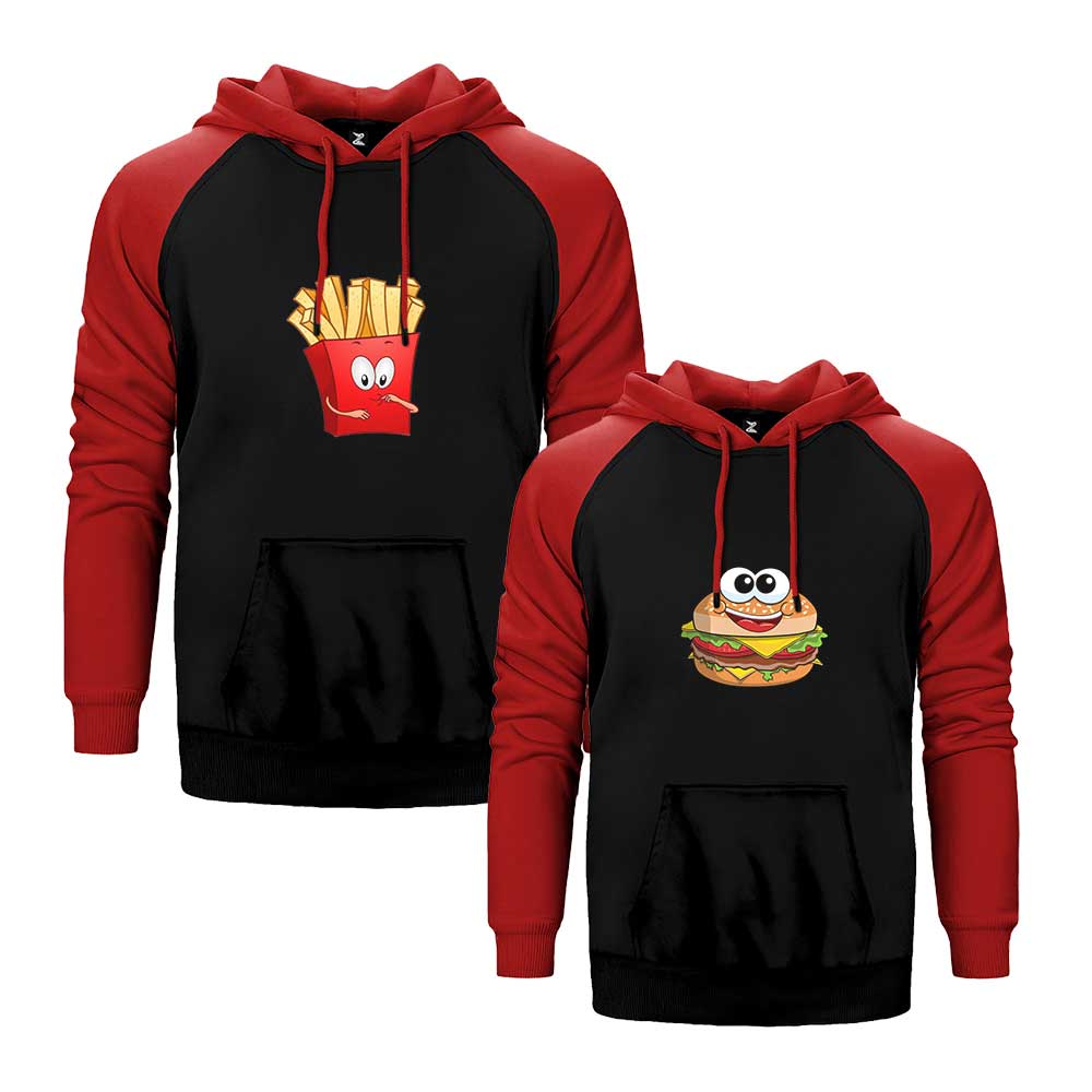 Hamburger Patates Sevgili Çift Reglan Kol Renkli Kapşonlu Sweatshirt Hoodie