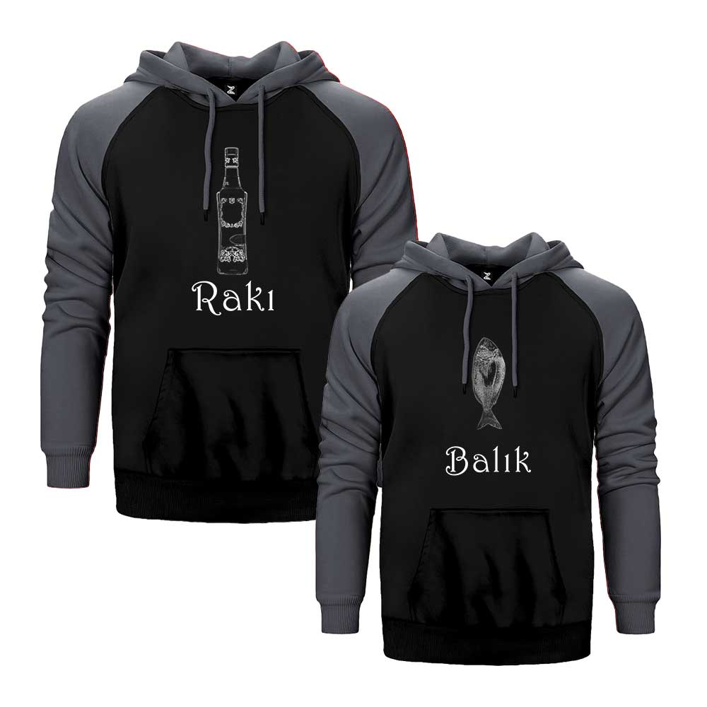 Rakı Balık Sevgili Çift Reglan Kol Renkli Kapşonlu Sweatshirt Hoodie