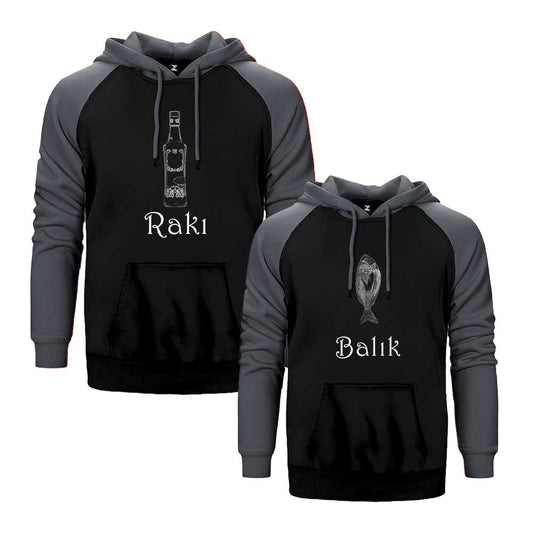 Rakı Balık Sevgili Çift Reglan Kol Renkli Kapşonlu Sweatshirt Hoodie