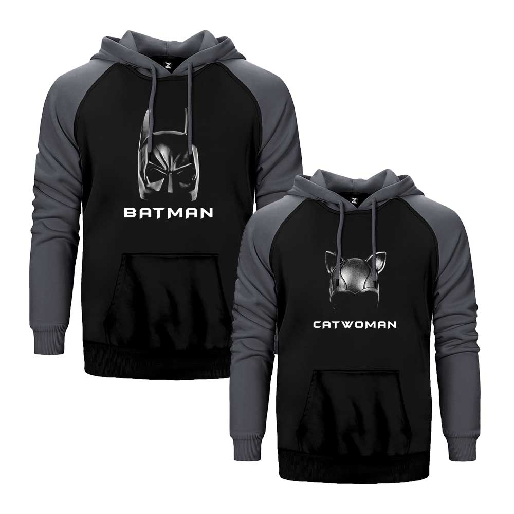 Batman Catwoman Sevgili Çift Reglan Kol Renkli Kapşonlu Sweatshirt Hoodie