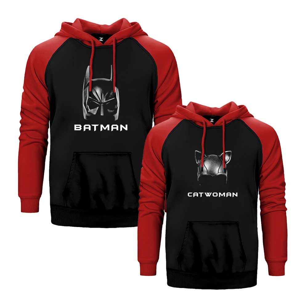 Batman Catwoman Sevgili Çift Reglan Kol Renkli Kapşonlu Sweatshirt Hoodie