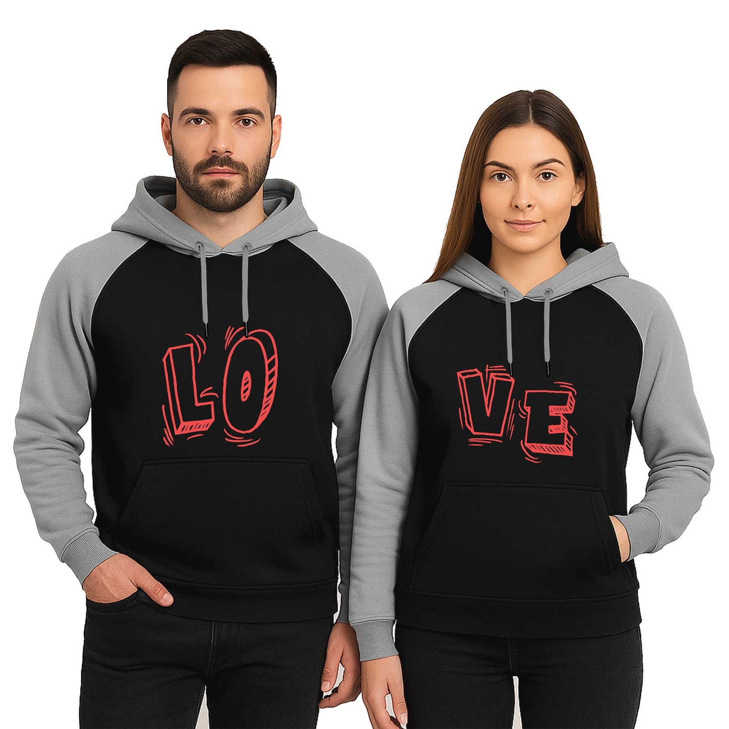 Love Sevgili Çift Reglan Kol Renkli Kapşonlu Sweatshirt Hoodie