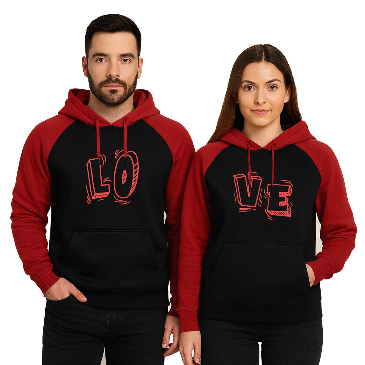 Love Sevgili Çift Reglan Kol Renkli Kapşonlu Sweatshirt Hoodie