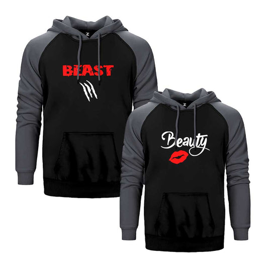 Beast Beauty Sevgili Çift Reglan Kol Renkli Kapşonlu Sweatshirt Hoodie Sweatshirt
