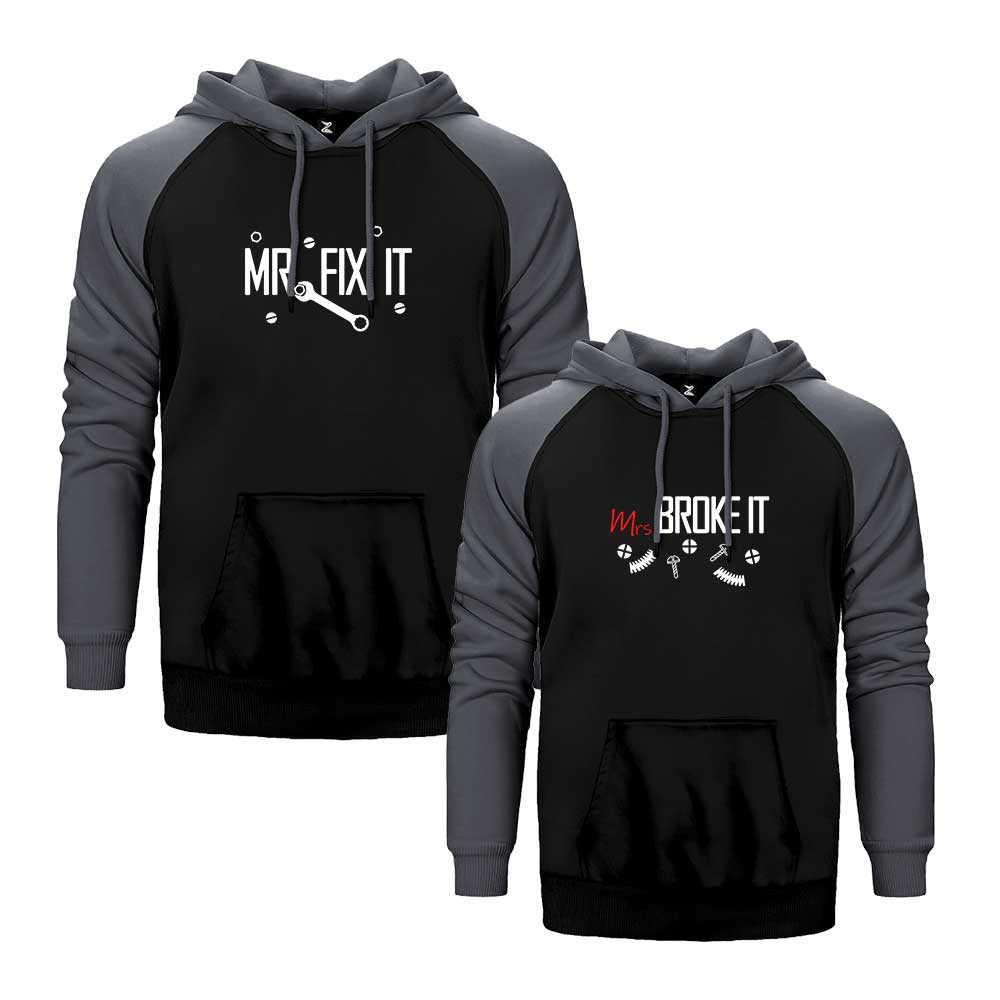 Fix And Broke It Sevgili Çift Reglan Kol Renkli Kapşonlu Sweatshirt Hoodie Sweatshirt