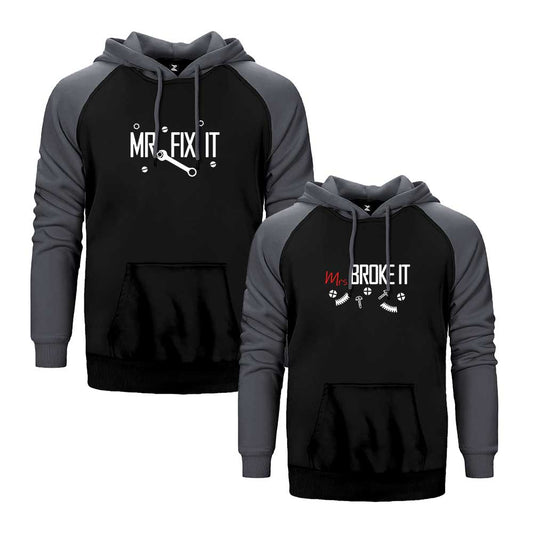 Fix And Broke It Sevgili Çift Reglan Kol Renkli Kapşonlu Sweatshirt Hoodie Sweatshirt