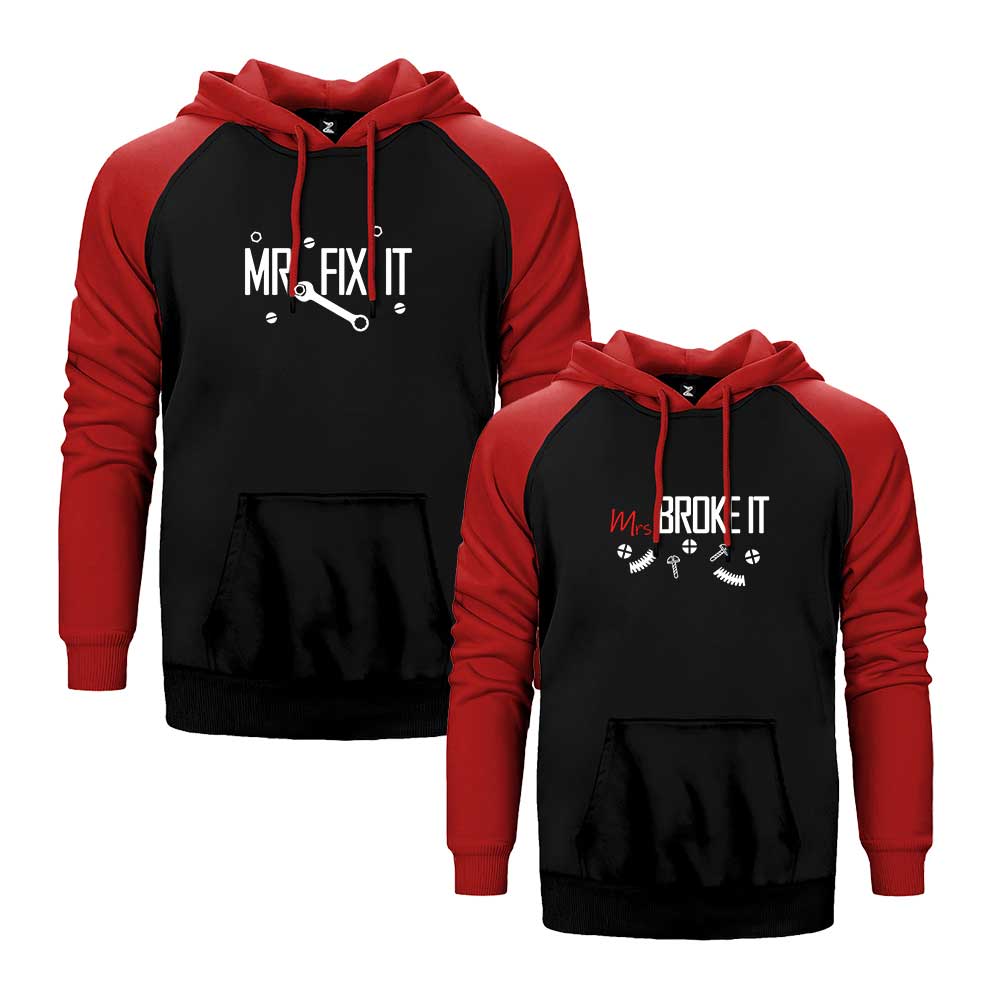 Fix And Broke It Sevgili Çift Reglan Kol Renkli Kapşonlu Sweatshirt Hoodie Sweatshirt