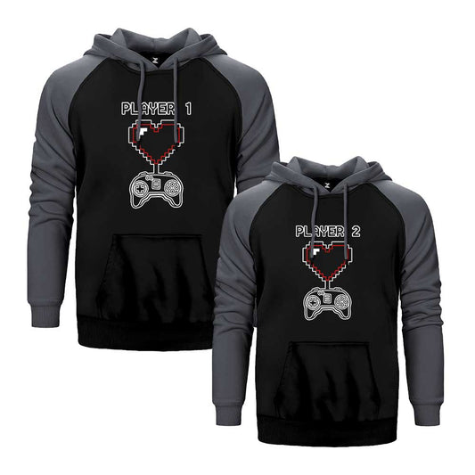 Gamer Player 1-2 Sevgili Çift Reglan Kol Renkli Kapşonlu Sweatshirt Hoodie Sweatshirt