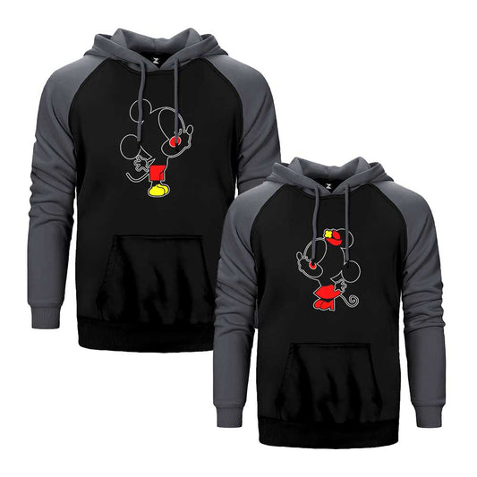 Love Mouse Sevgili Çift Reglan Kol Renkli Kapşonlu Sweatshirt Hoodie Sweatshirt
