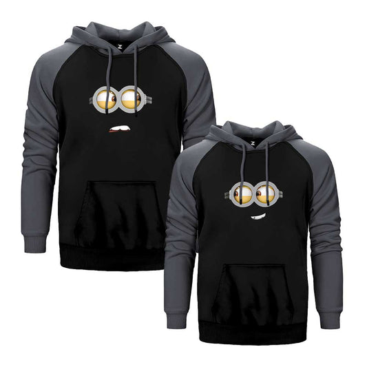 Minion Sevgili Çift Reglan Kol Renkli Kapşonlu Sweatshirt Hoodie Sweatshirt
