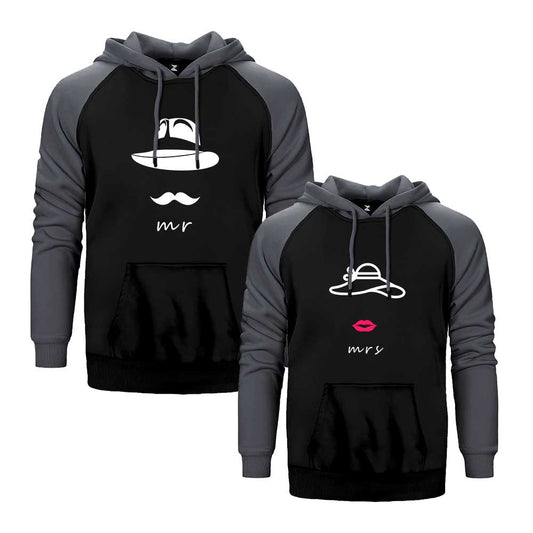 Mr. And Mrs. Hat Sevgili Çift Reglan Kol Renkli Kapşonlu Sweatshirt Hoodie Sweatshirt