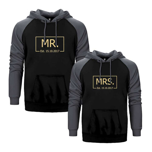 Mr. Mrs Kişiye Özel Tarih Sevgili Çift Reglan Kol Renkli Kapşonlu Sweatshirt Hoodie Sweatshirt