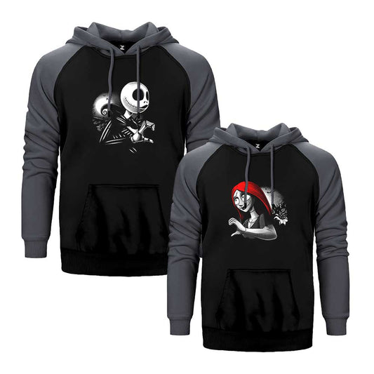 Skull Loves Sevgili Çift Reglan Kol Renkli Kapşonlu Sweatshirt Hoodie Sweatshirt