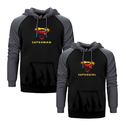 SuperGirl and Man Sevgili Çift Reglan Kol Renkli Kapşonlu Sweatshirt Hoodie Sweatshirt