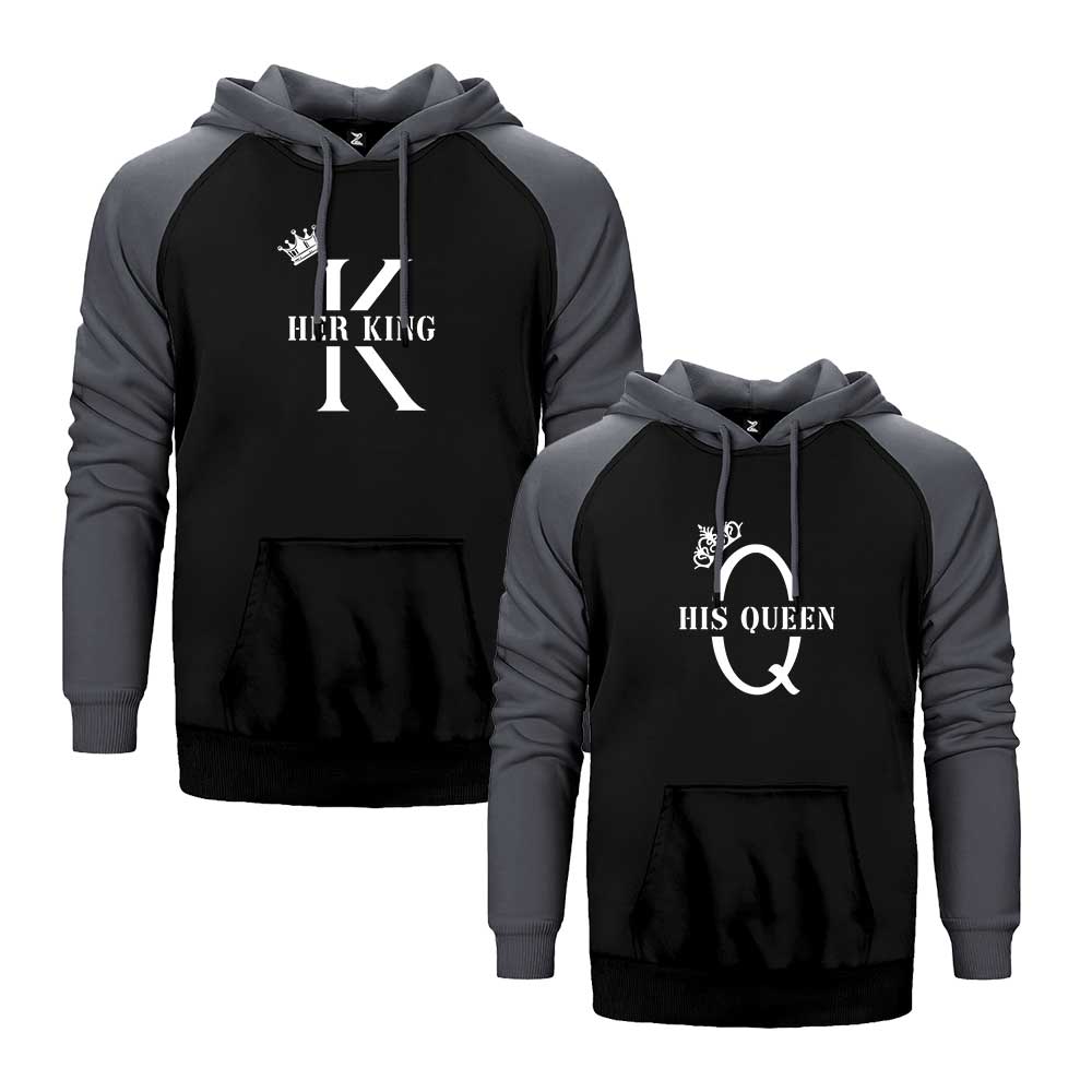 Her King His Queen Sevgili Çift Reglan Kol Renkli Kapşonlu Sweatshirt Hoodie Sweatshirt