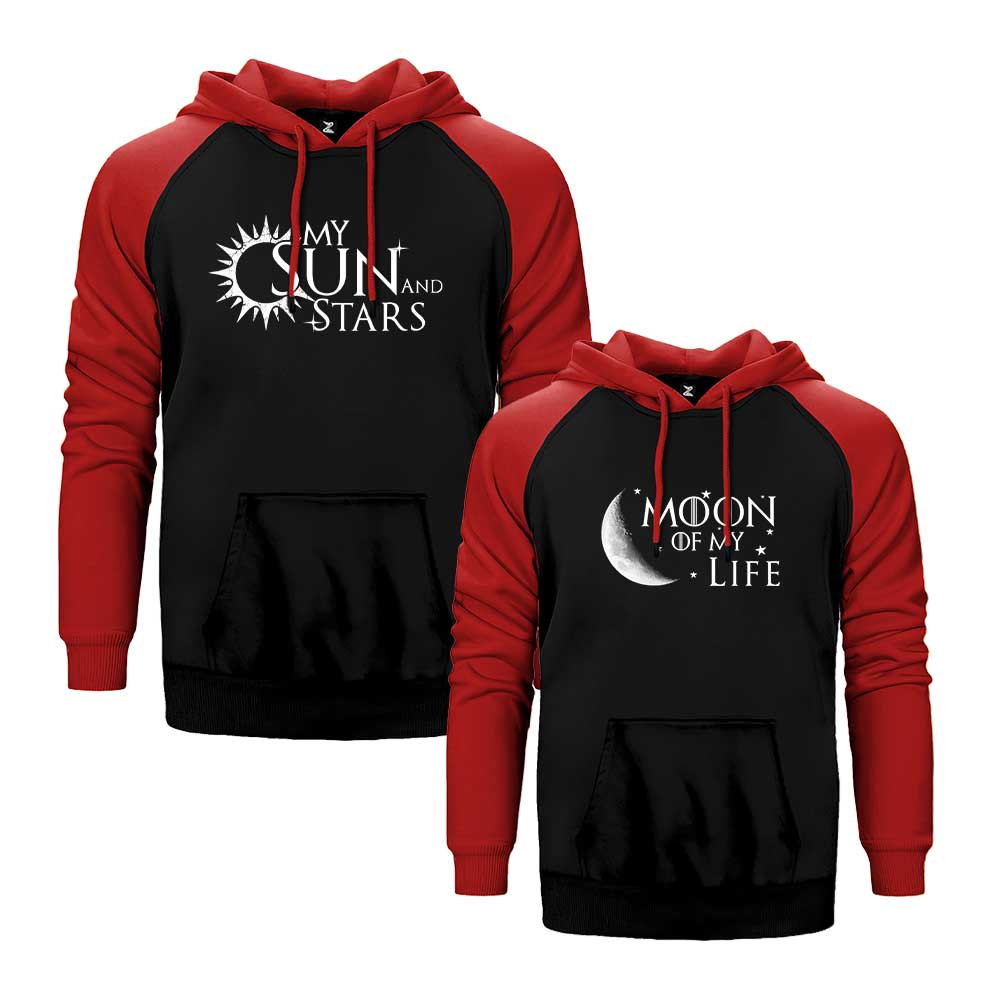 Moon And Sun Sevgili Çift Reglan Kol Renkli Kapşonlu Sweatshirt Hoodie Sweatshirt