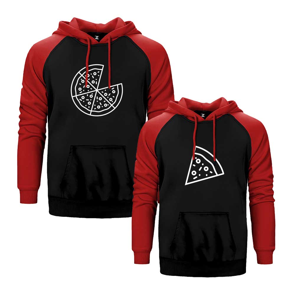 Pizza Sevgili Çift Reglan Kol Renkli Kapşonlu Sweatshirt Hoodie Sweatshirt