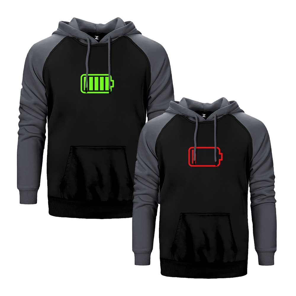 Battery Sevgili Çift Reglan Kol Renkli Kapşonlu Sweatshirt Hoodie Sweatshirt