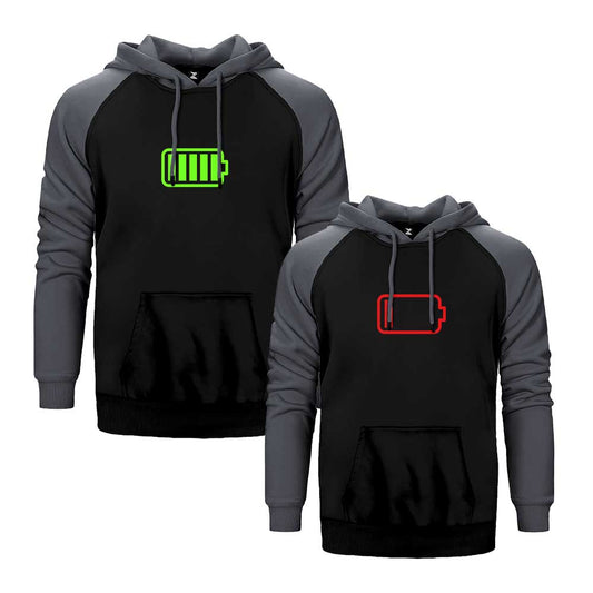 Battery Sevgili Çift Reglan Kol Renkli Kapşonlu Sweatshirt Hoodie Sweatshirt