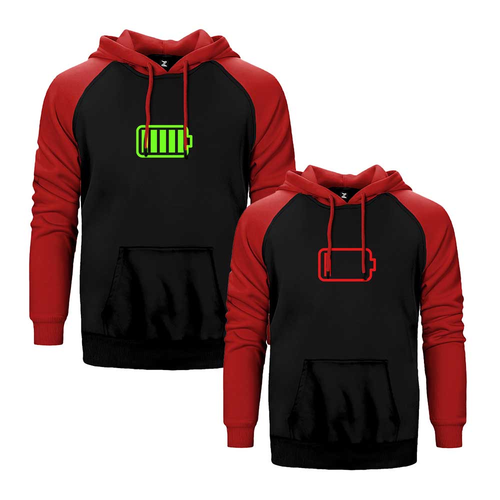 Battery Sevgili Çift Reglan Kol Renkli Kapşonlu Sweatshirt Hoodie Sweatshirt