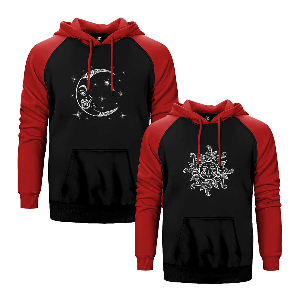 Günes ve Ay Sevgili Çift Reglan Kol Renkli Kapşonlu Sweatshirt Hoodie Sweatshirt