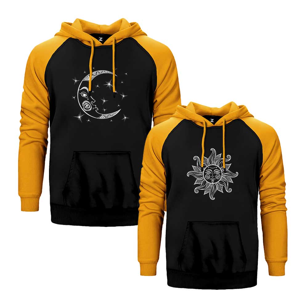 Günes ve Ay Sevgili Çift Reglan Kol Renkli Kapşonlu Sweatshirt Hoodie Sweatshirt
