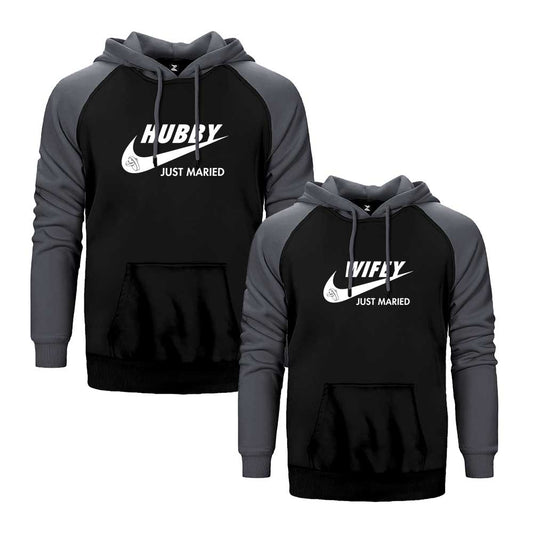Just Married Sevgili Çift Reglan Kol Renkli Kapşonlu Sweatshirt Hoodie Sweatshirt