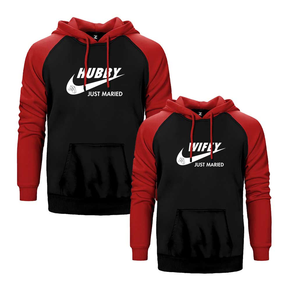Just Married Sevgili Çift Reglan Kol Renkli Kapşonlu Sweatshirt Hoodie Sweatshirt