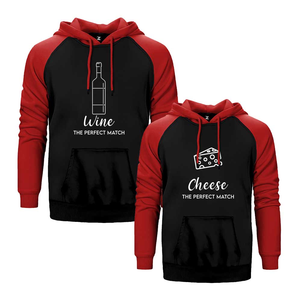 Wine Chesee Perfect Sevgili Çift Reglan Kol Renkli Kapşonlu Sweatshirt Hoodie