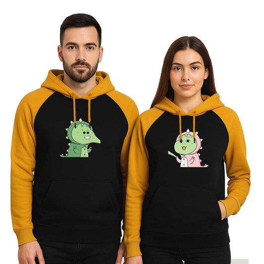 Dinazor Yanak Çekme Sevgili Çift Reglan Kol Renkli Kapşonlu Sweatshirt Hoodie